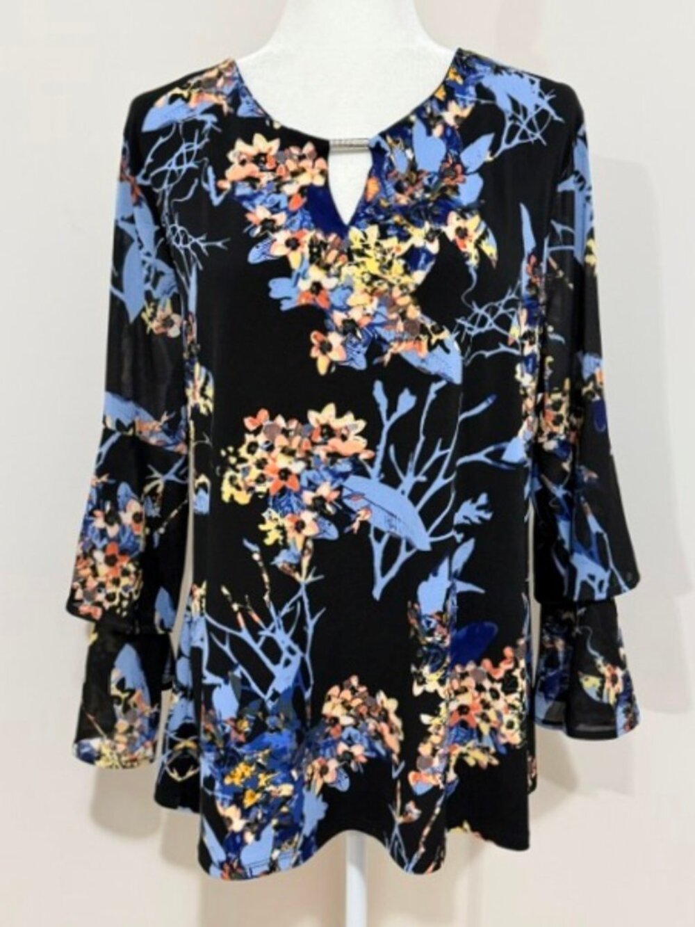 JM Collection Floral Top Black Blue Keyhole Layered Bell Sleeves Women's XL
